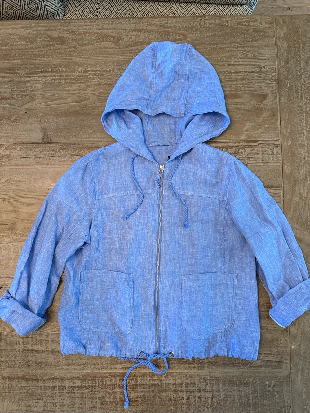 Talbots Washed Linen Hooded Jacket Blue 100% Linen